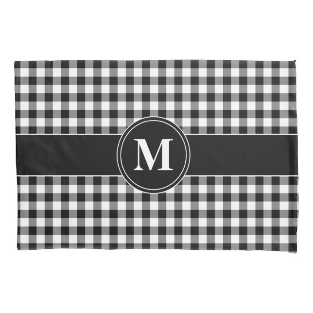Funda De Cojín Monograma Gingham Blanco Y Negro (Anverso)
