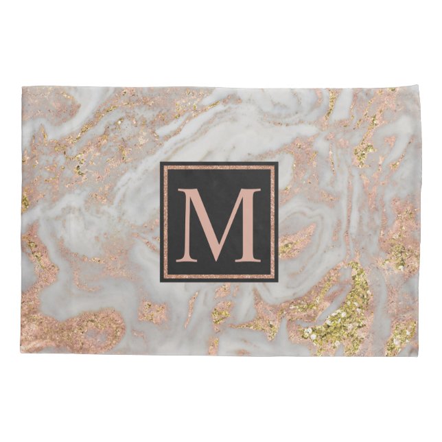 Funda De Cojín Monograma moderno Faux Rosa Gold Marble Swirl (Reverso)