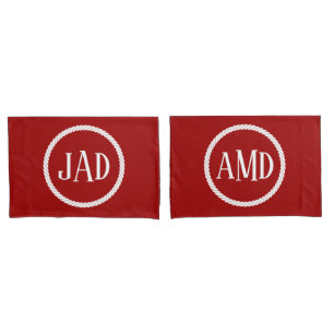 Funda De Cojín Monograma Náutico Círculo rojo oscuro de cuerdas b