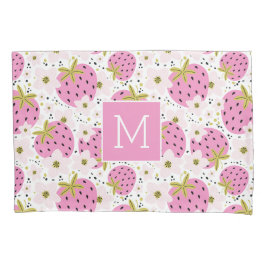 Funda De Cojín Monograma Personalizado de fresas rosadas