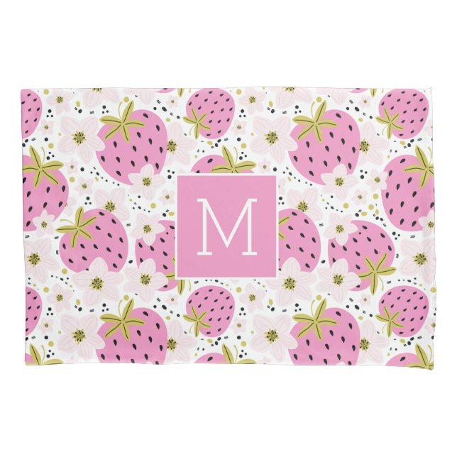 Funda De Cojín Monograma Personalizado de fresas rosadas (Anverso)