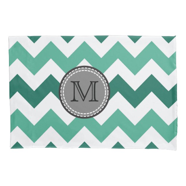 Funda De Cojín Monograma Turquesa y Mint Chevron Zigzag (Anverso)