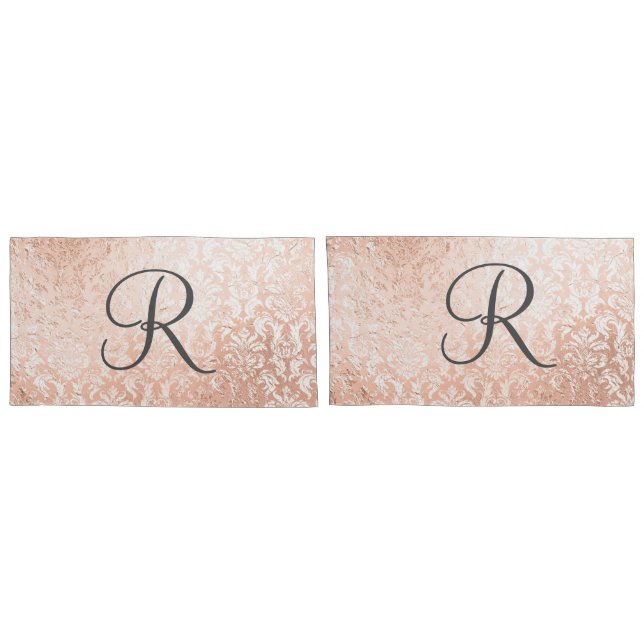 Funda De Cojín Monogramado Rosa Gold Damask (Reverso-Set)