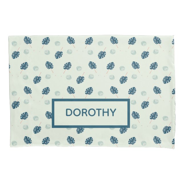 Funda De Cojín Monstera tropical deja monograma en azul (Anverso)