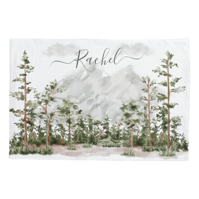 Funda De Cojín Montaña y bosque de acuarela monogramada (Reverso)