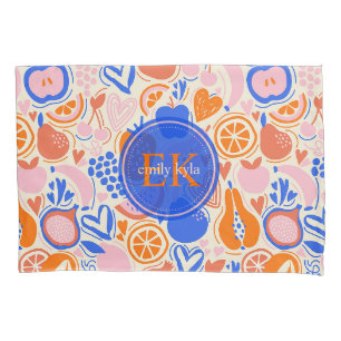 Funda De Cojín Naranja Azul Monograma Frutas Verduras