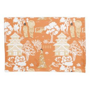 Funda De Cojín Naranja Chinoiserie Pagodas