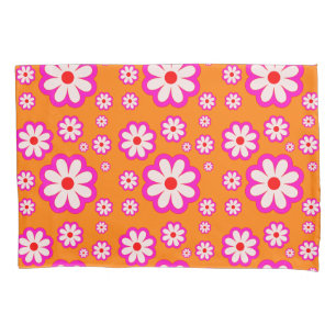 Funda De Cojín Naranja quemado y margaritas rosadas Patrón floral