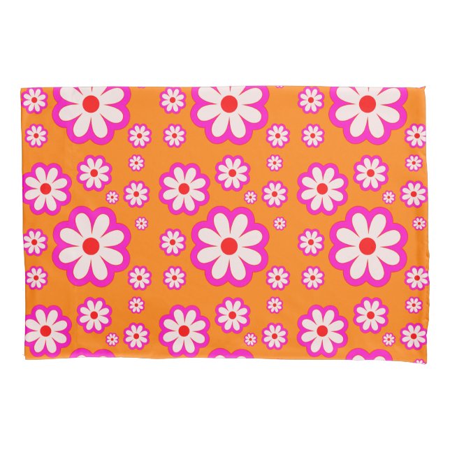 Funda De Cojín Naranja quemado y margaritas rosadas Patrón floral (Anverso)