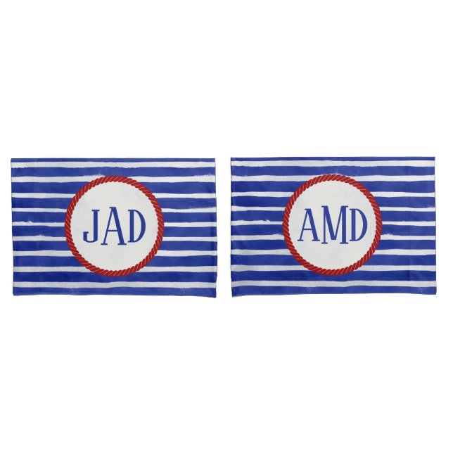 Funda De Cojín Nautical Monograma Navy Blue Stried Watercolor (Anverso - Set)