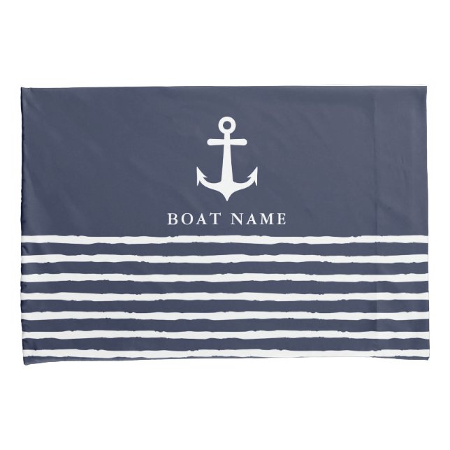 Funda De Cojín Nautical Navy Blue Anchor Stripes de barco Nombre (Anverso-Derecho)