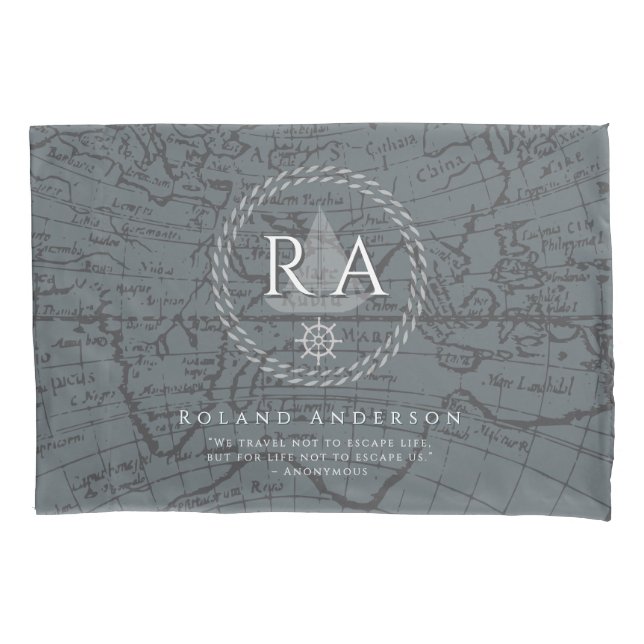 Funda De Cojín Nautical Rope Monogram Map Grey (Anverso)