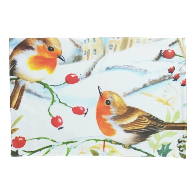 Funda De Cojín Navidades de Bird Robin Couple Winter Holly (Anverso)