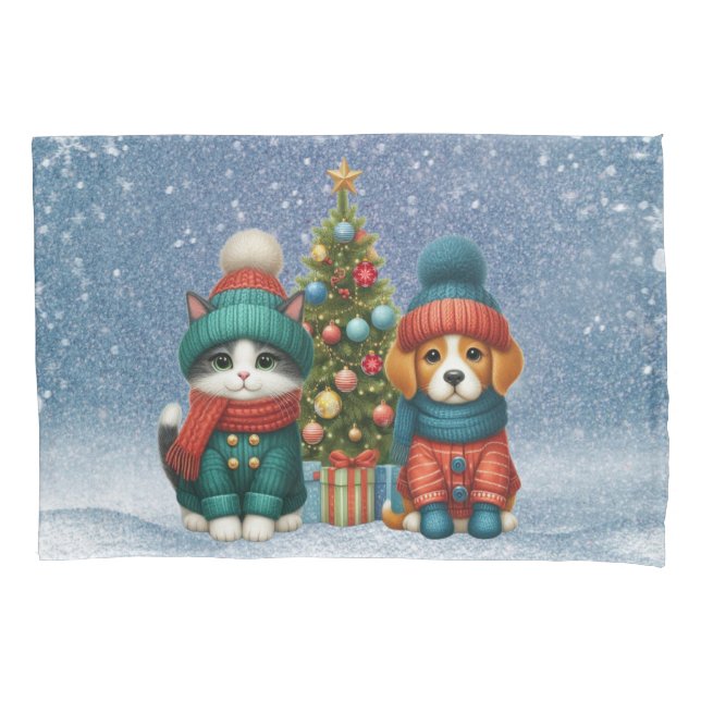 Funda De Cojín Navidades de cachorro y gatito (Anverso)