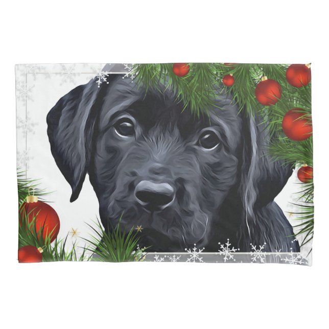 Funda De Cojín Navidades de Laboratorio Negro - Cachorro porcino (Anverso)
