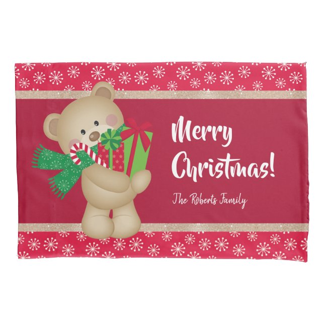 Funda De Cojín Navidades Oso de peluche con regalo y copos de nie (Anverso)