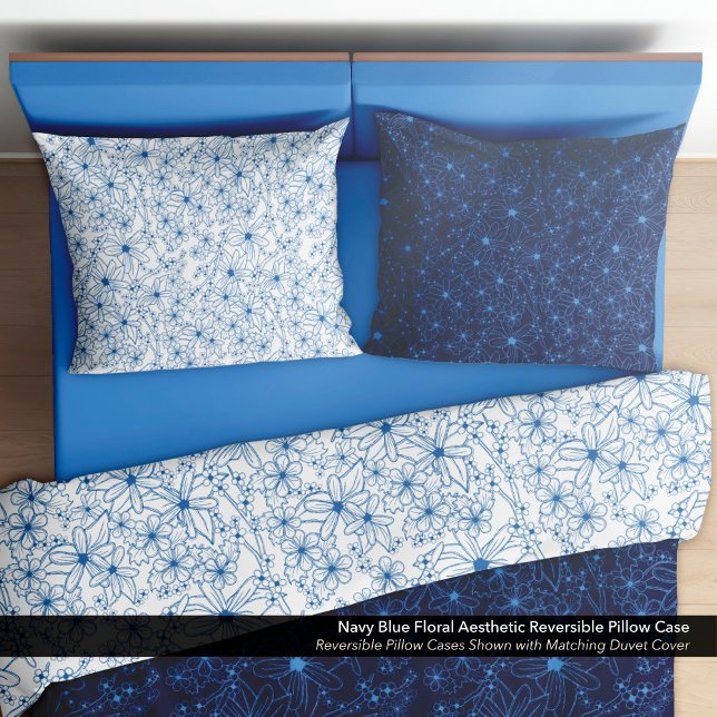 Funda De Cojín Navy Blue Floral Aesthetic Reversible (Navy Blue Floral Aesthetic Reversible Pillow Cases)