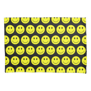 Funda De Cojín Negro, patrón de caras amarillas feliz