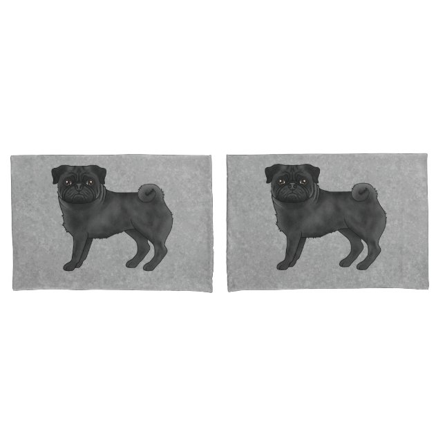 Funda De Cojín Negro Pug Perro Cute Personalizado Ilustracion Gri (Anverso - Set)