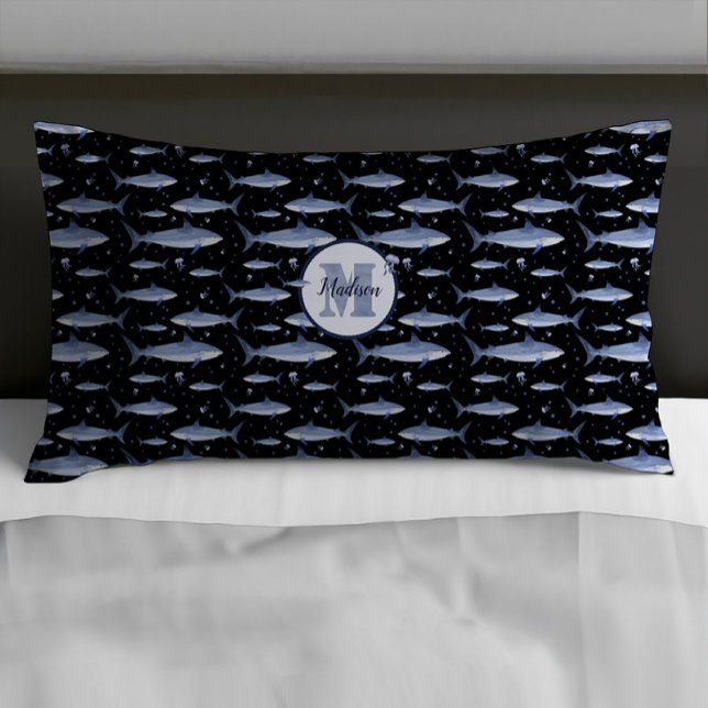 Funda De Cojín Negro y azul + Monograma de acuarela Tiburón (Subido por el creador)