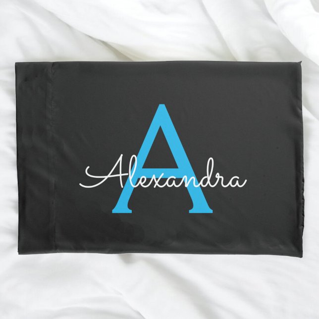 Funda De Cojín Nombra de monograma de guión azul negro (Subido por el creador)