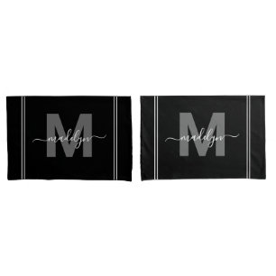 Funda De Cojín Nombre de Monograma de Escritura Blanco Negro