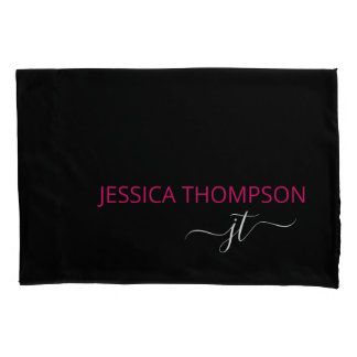 Funda De Cojín Nombre de monograma de escritura simple rosa negro