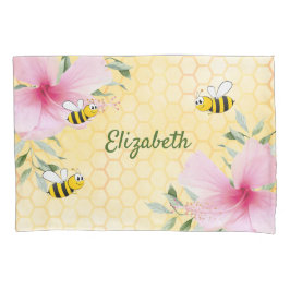 Funda De Cojín Nombre floral rosa de abejas amarillas