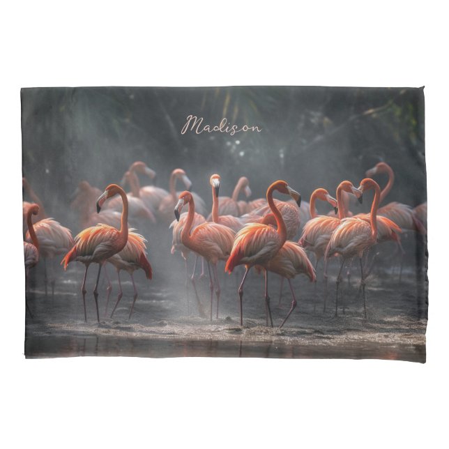 Funda De Cojín Nombre personalizado de Flamingos tropicales (Anverso)