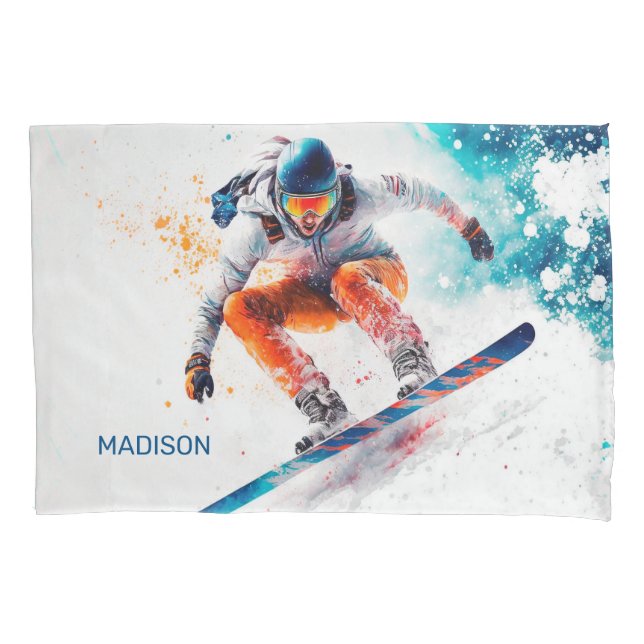 Funda De Cojín Nombre personalizado Ilustracion Snowboarder (Anverso)