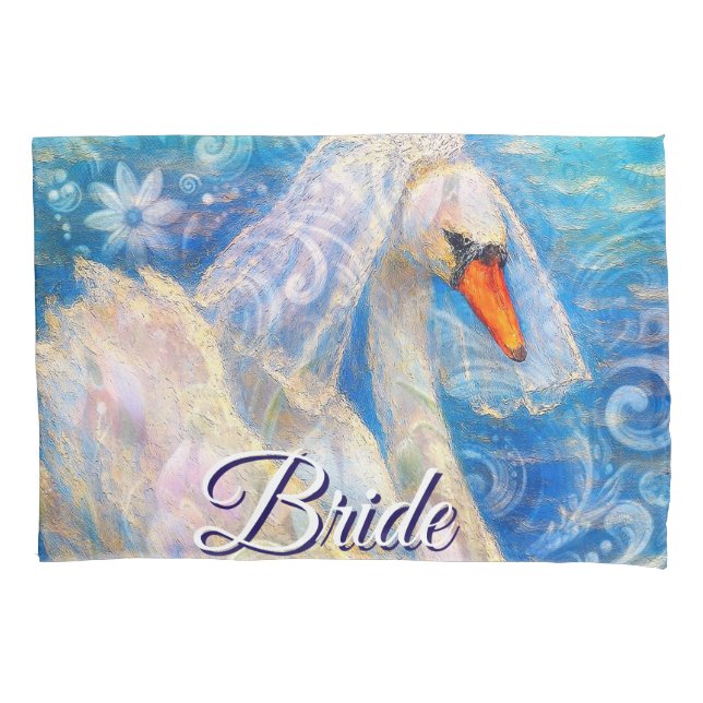 Funda De Cojín Novia cisne con velo en agua azul blanco personali (Anverso)