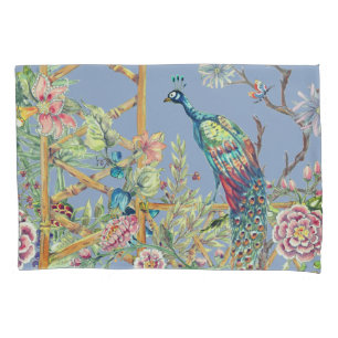 Funda De Cojín Oriental Floral Garden & Peacock Chinoiserie Azul
