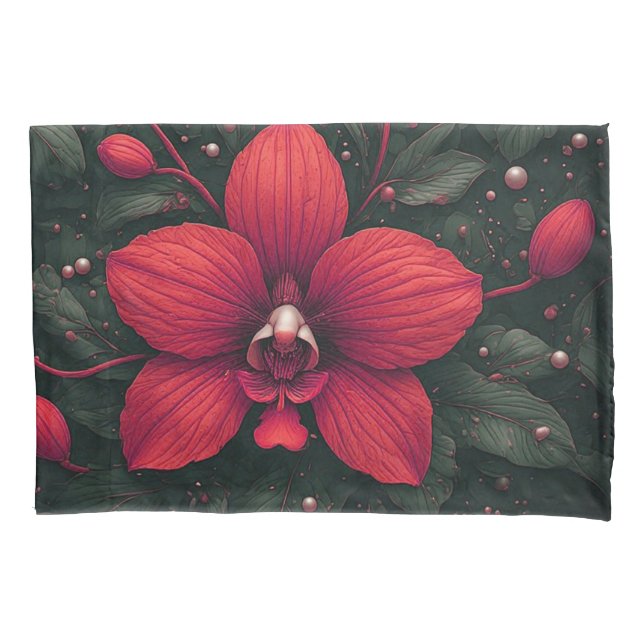 Funda De Cojín Orquídea Roja en Flor con Hojas Verdes (Anverso)