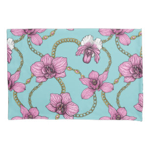 Funda De Cojín orquídeas y cadenas, rosa y azul