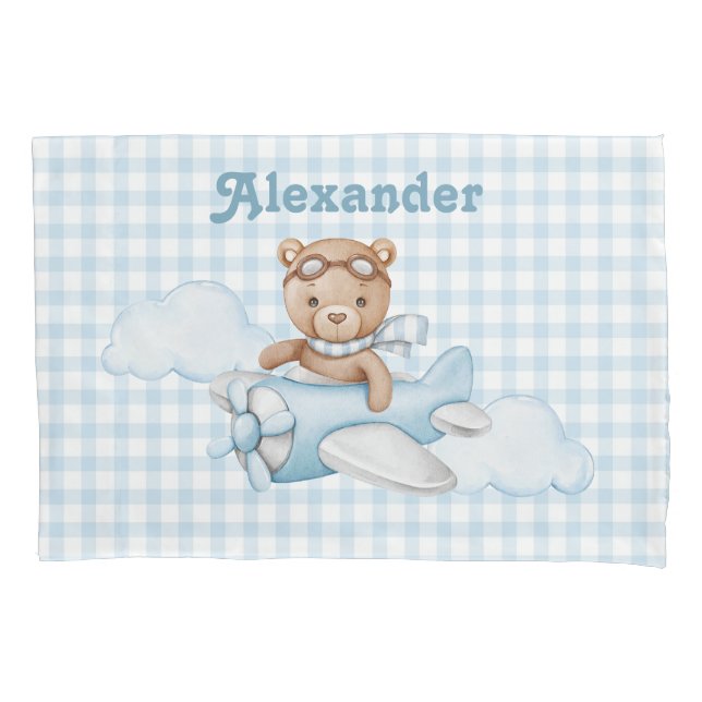 Funda De Cojín Oso de peluche azul en avión (Anverso)