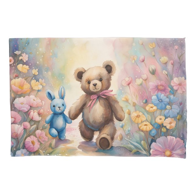 Funda De Cojín Oso de peluche y conejo en un jardín pastel (Anverso)