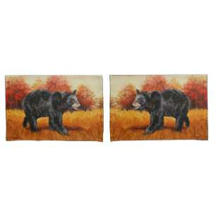 Funda De Cojín Oso Negro en el bosque otoñal