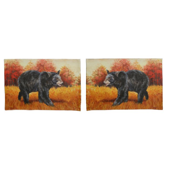 Funda De Cojín Oso Negro en el bosque otoñal (Anverso - Set)