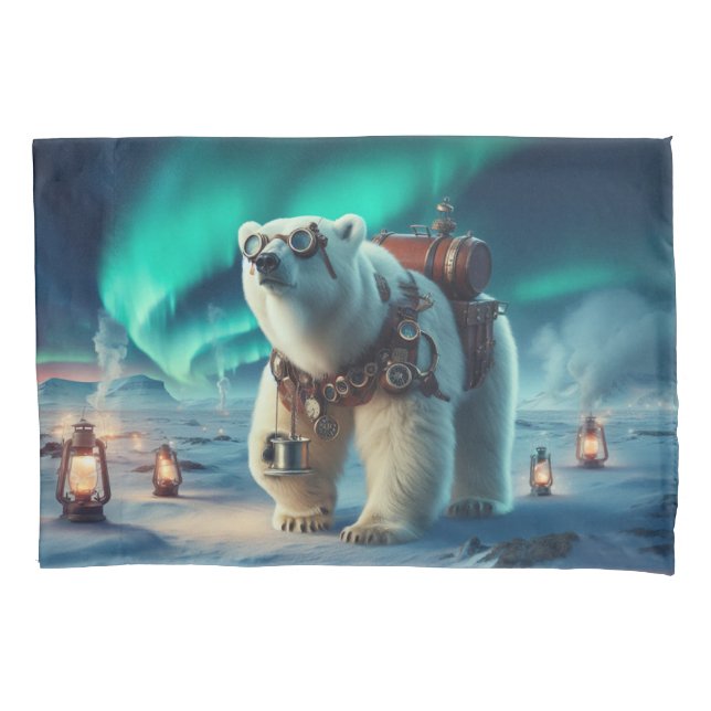 Funda De Cojín Oso Polar Steampunk y Arte Aurora (Anverso)