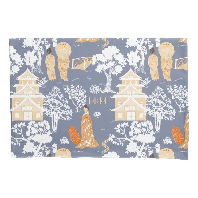 Funda De Cojín Pagodas Chinoiserie naranja y azul (Anverso)