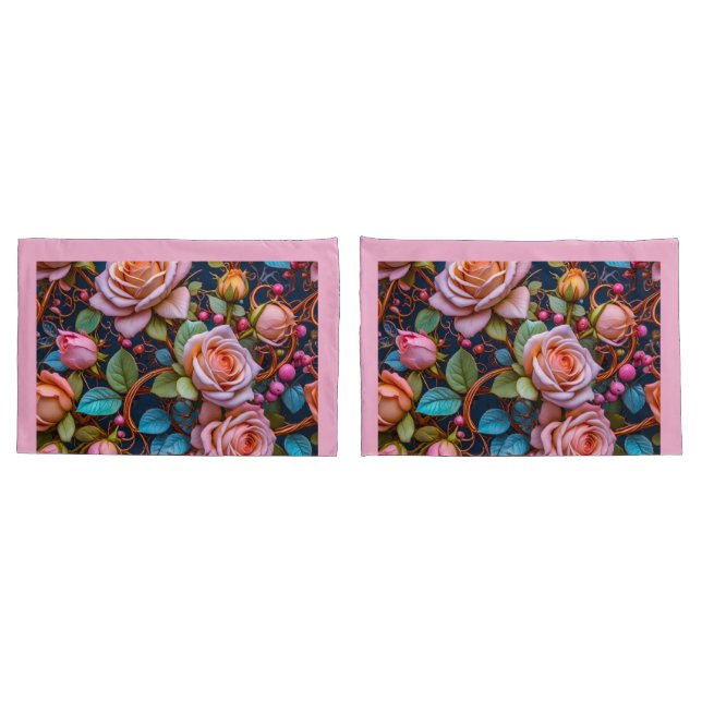 Funda De Cojín Pair of Pillowcases- Pink Roses (Reverso-Set)