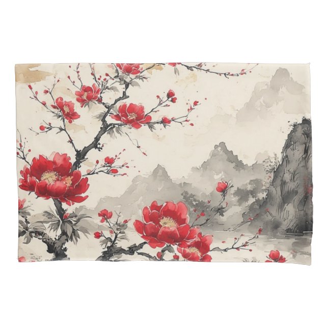 Funda De Cojín Paisaje Japonés Floral Rojo (Anverso-izquierdo)