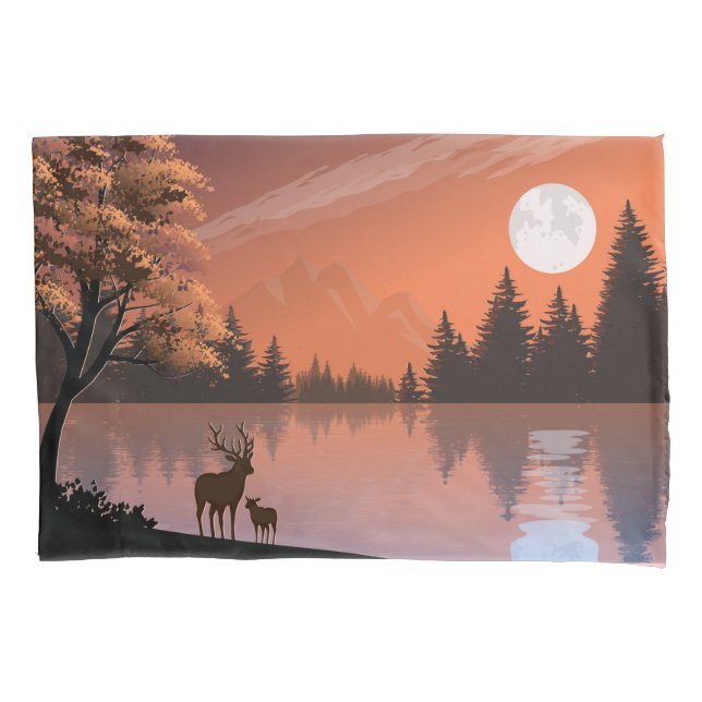 Funda De Cojín Paisaje Sunrise con Lago y Deers-51207 (Anverso)