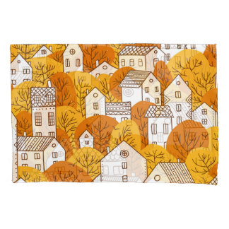 Funda De Cojín Paisaje urbano otoñal, patrón de casas de árboles.