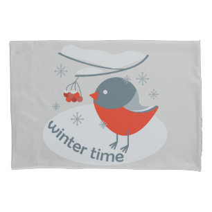 Funda De Cojín Pájaro bullfinch de invierno y bayas rojas