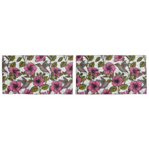 Funda De Cojín Pájaros húmedos y flores de hibisco rosa