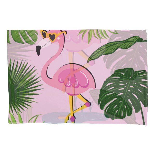 Funda De Cojín Palm Flamingo deja diseño tropical (Anverso)