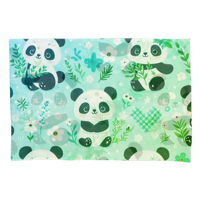 Funda De Cojín Panda Patrón de oso Impresión verde (Anverso)