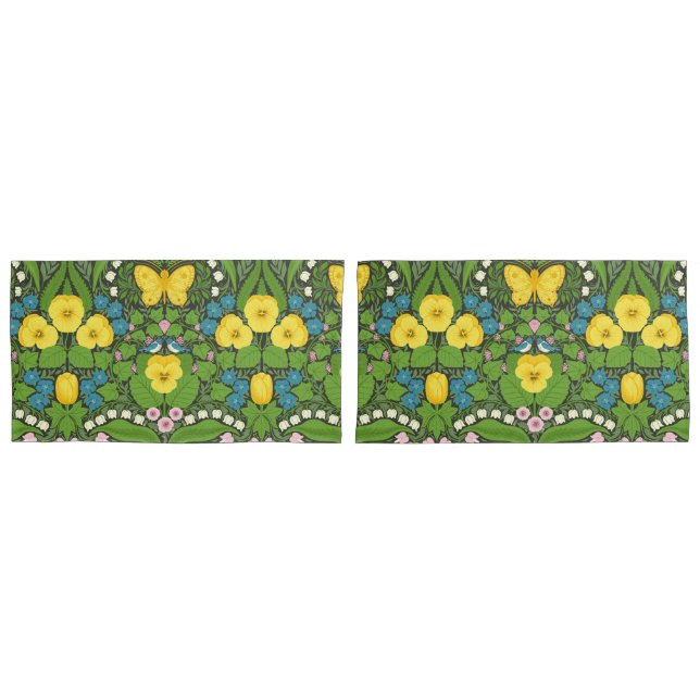 Funda De Cojín Pansias amarillas, pájaros y mariposas (Anverso - Set)