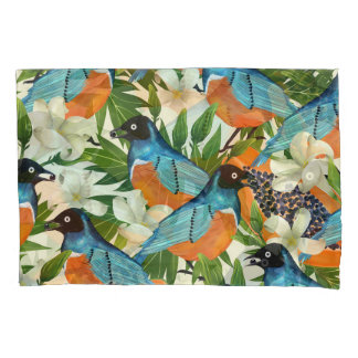 Funda De Cojín Papaya tropical y patrón de aves.